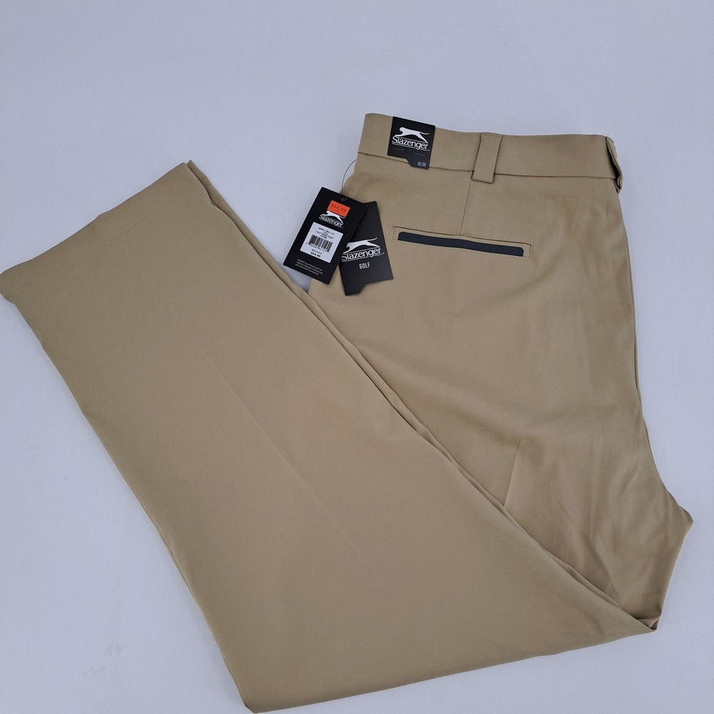 Slazenger Golf Tech Pants Mens 42x30 Polyester Spandex Khaki Flat Front NEW